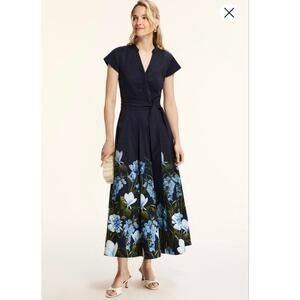 SACHIN & BABI Black Blue Florals Ganika V-Neck Short Sleeve Midi Dress size 2